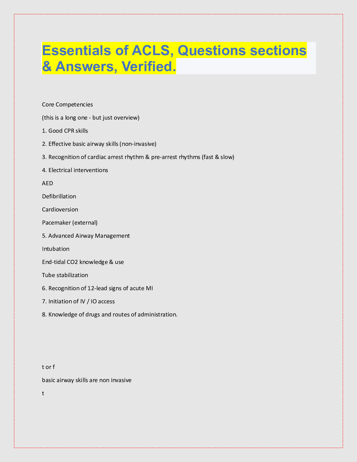 Preview image for Essentials of ACLS, Questions sections  & Answers, Verified. Core Competencies